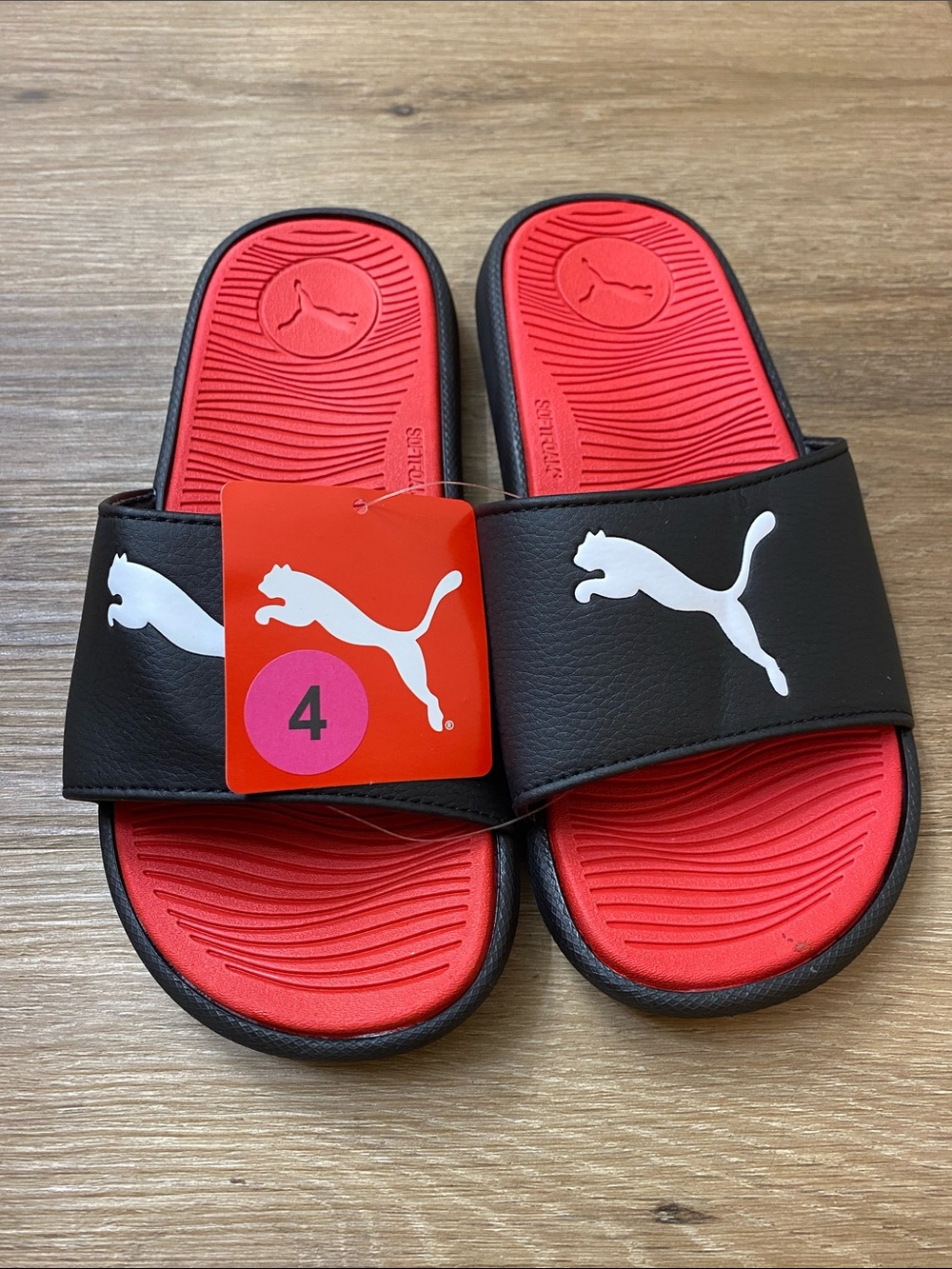 Puma Cool Cat Pool Slides Youth Size 4 Black White Logo Slip-On Sandals